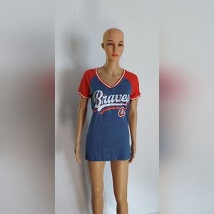 Vibrant Blue and Red V-Neck Short Sleeve Shirt by New Era Genuine Merchandise™"